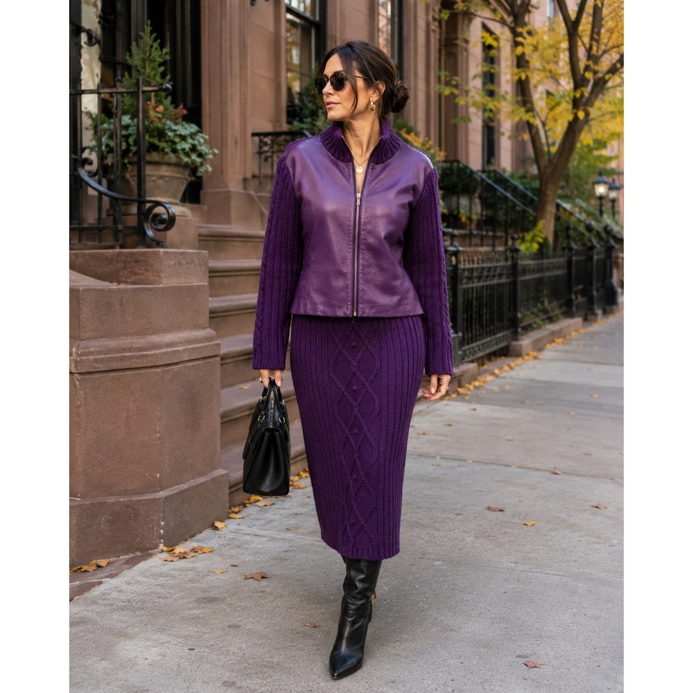 Newport News Purple Leather & Cable Knit Jacket and Maxi Skirt 2 Piece Set XL L
